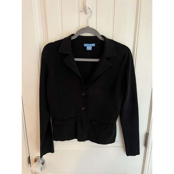 White + Warren Black Cardigan With Bow Detail‎ Size Medium - Picture 1 of 5